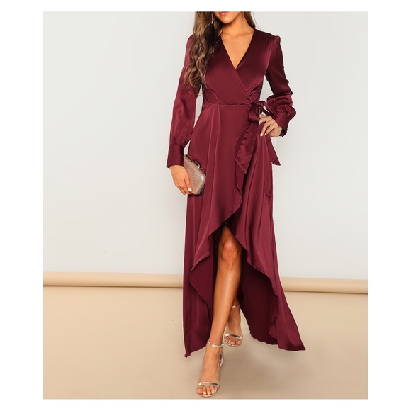 Burgundy High Low Wrap Satin Party Maxi Dress - Picture 5 of 6